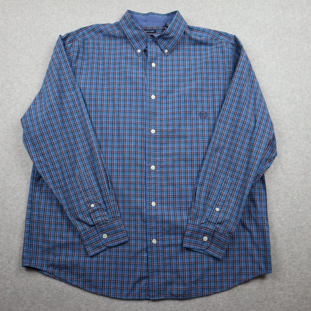 Chaps Button Down Mens XL Easy Care Blue Plaid Long Sleeve Pocket Shirt